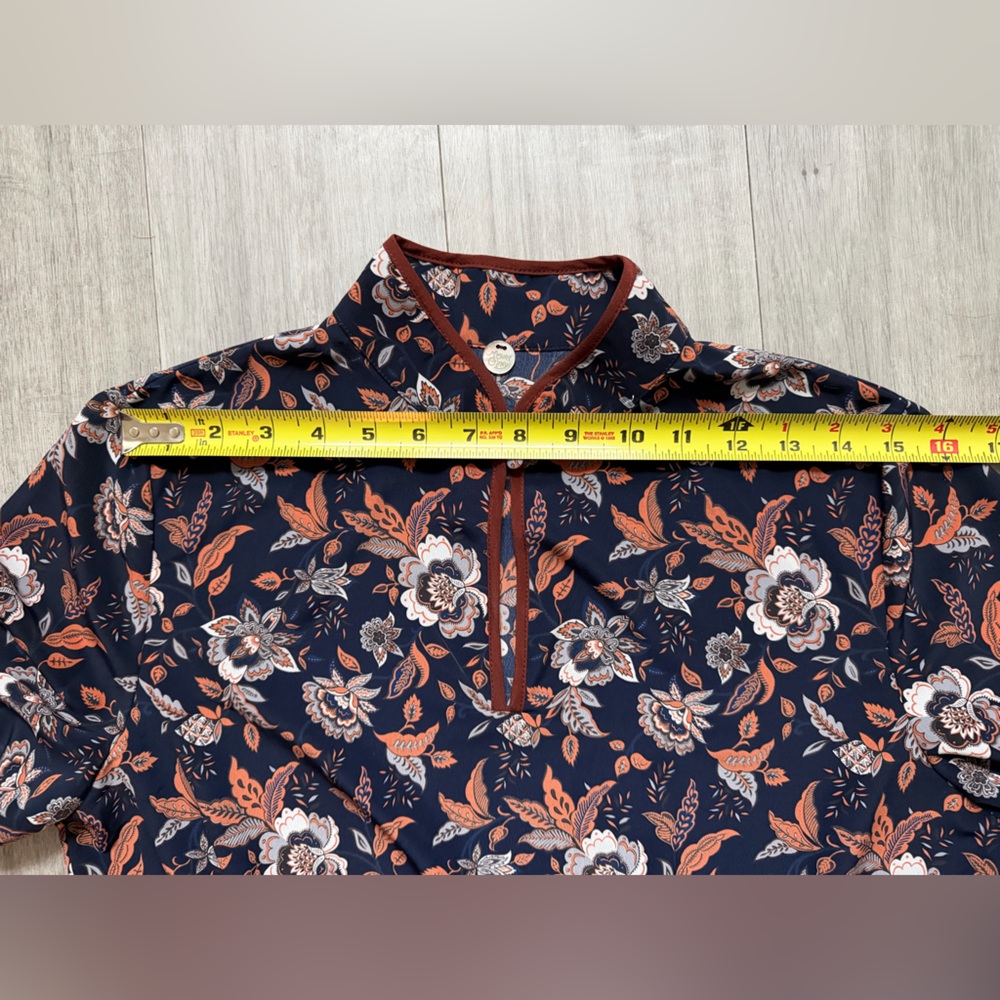Margaret O’Leary Long Sleeve Boho Floral Top Blouse Navy Mandarin Collar Size S - Picture 8 of 11